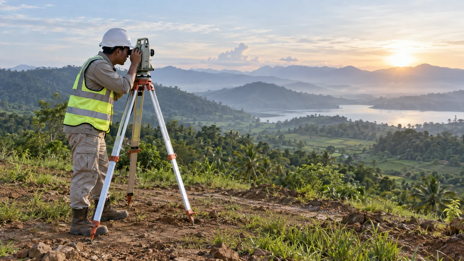 Ilustrasi surveyor melakukan pengukuran topografi di lahan proyek